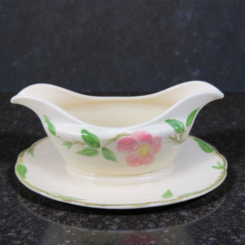 Franciscan Pottery Desert Rose Gravy Boat Attached Plate Dish‎ Salsa Bowl Marked